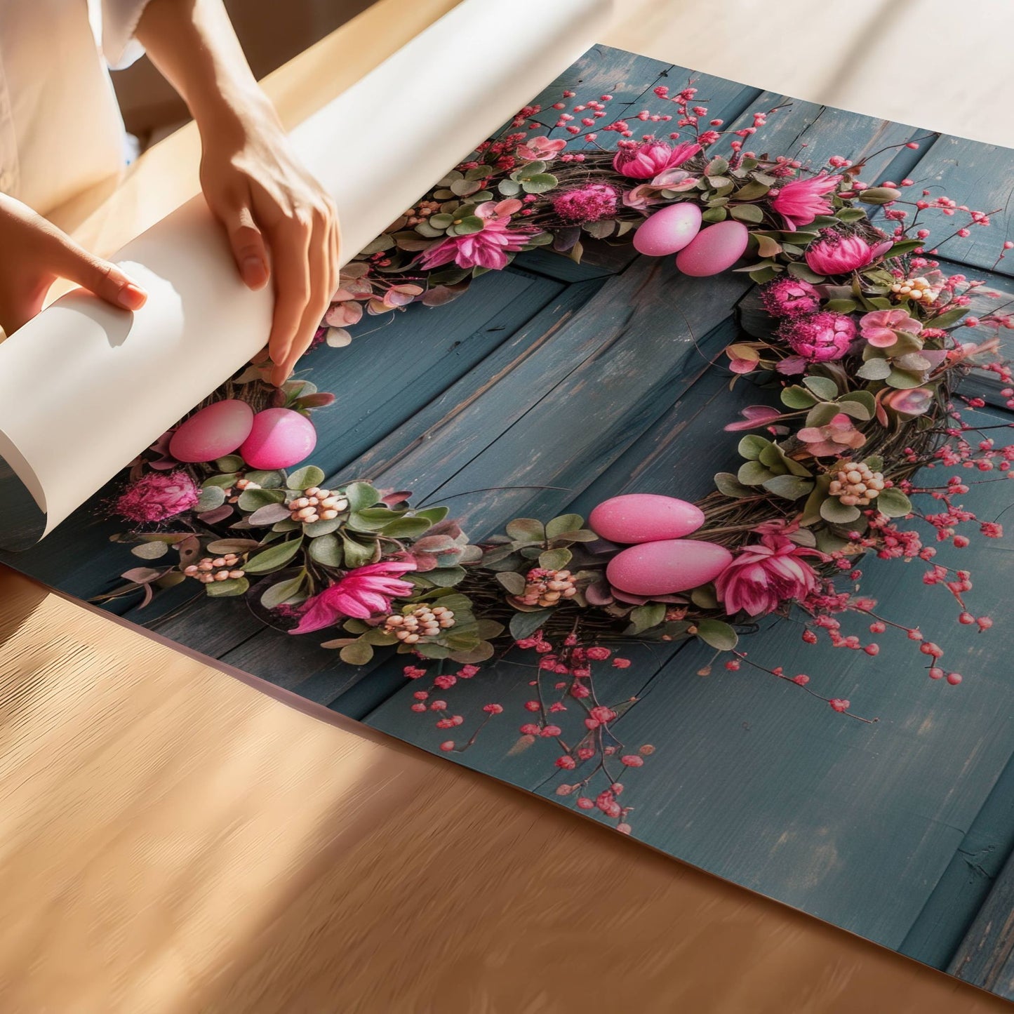Denne vakre illustrasjonen fanger essensen av påske og vår med en frodig krans fylt med blomster, bær og sarte rosa påskeegg. Illustrasjonen viser motivet som plakat uten hvit kant på print.