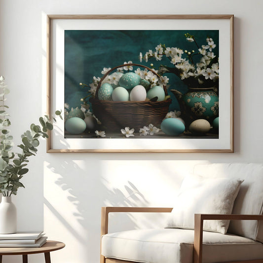 Dette vakre motivet kombinerer en rustikk kurv fylt med pastellfargede egg, delikate vårblomster og en nostalgisk tekanne i vintage-stil. Illustrasjon viser plakat med passepartout i eik ramme.