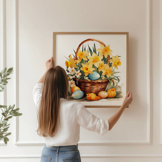 Påskekurv og Egg – Plakat er en varm og nostalgisk påskedekorasjon, med kurv fylt av blomster og pastellfargede egg. Illustrasjon viser plakat i eik ramme.