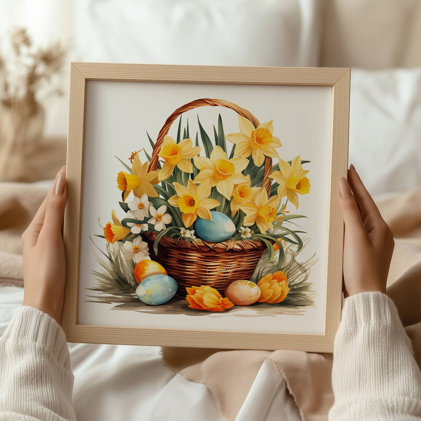 Påskekurv og Egg – Plakat er en varm og nostalgisk påskedekorasjon, med kurv fylt av blomster og pastellfargede egg. Illustrasjon viser plakat i eik ramme.