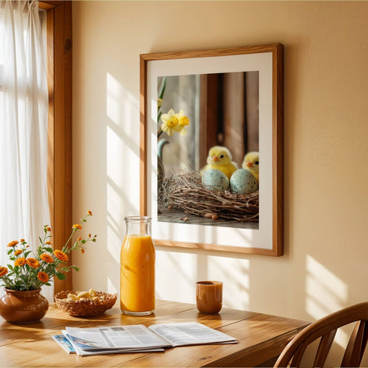 Denne sjarmerende plakaten eller lerretet fanger essensen av påsken med to fluffy kyllinger i et rede, omgitt av dekorerte påskeegg og vakre påskeliljer i en rustikk keramikkmugge. Illustrasjon viser plakat med passepartout i eik ramme.