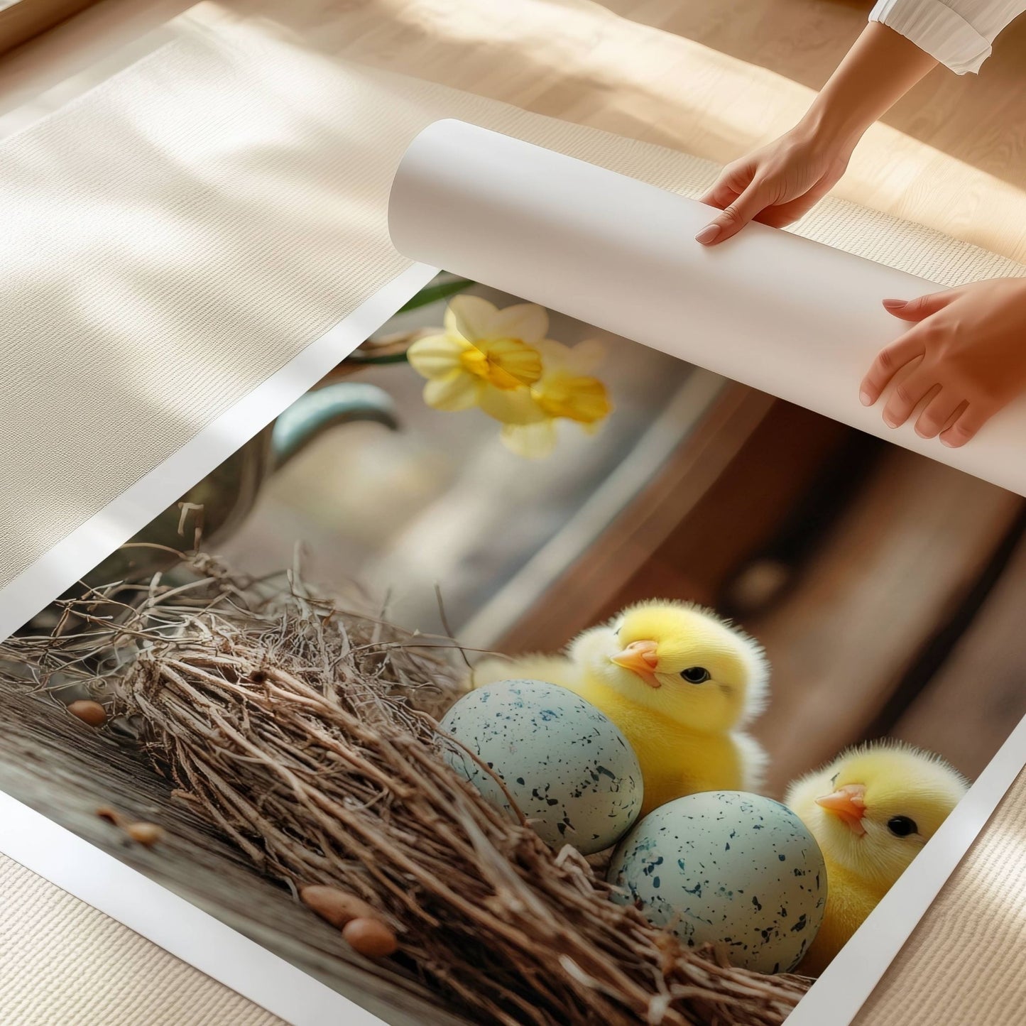 Denne sjarmerende plakaten eller lerretet fanger essensen av påsken med to fluffy kyllinger i et rede, omgitt av dekorerte påskeegg og vakre påskeliljer i en rustikk keramikkmugge. Illustrasjon viser plakat på print.