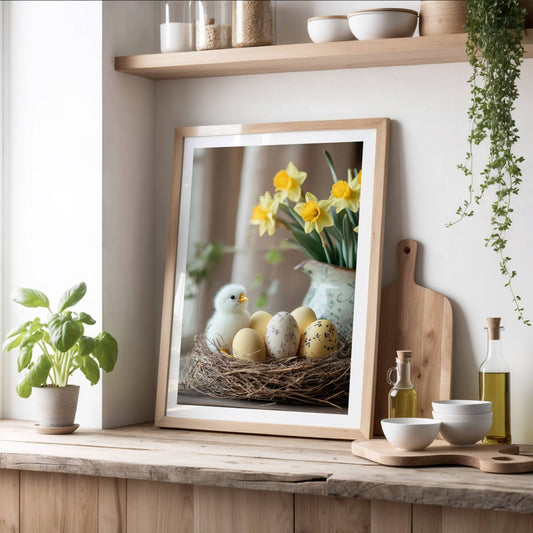Denne vakre plakaten eller lerretet fanger essensen av påsken med myke, hvite kyllinger, dekorative egg og strålende påskeliljer i en sjarmerende, rustikk setting. Illustrasjon viser plakat med hvit kant i eik ramme.