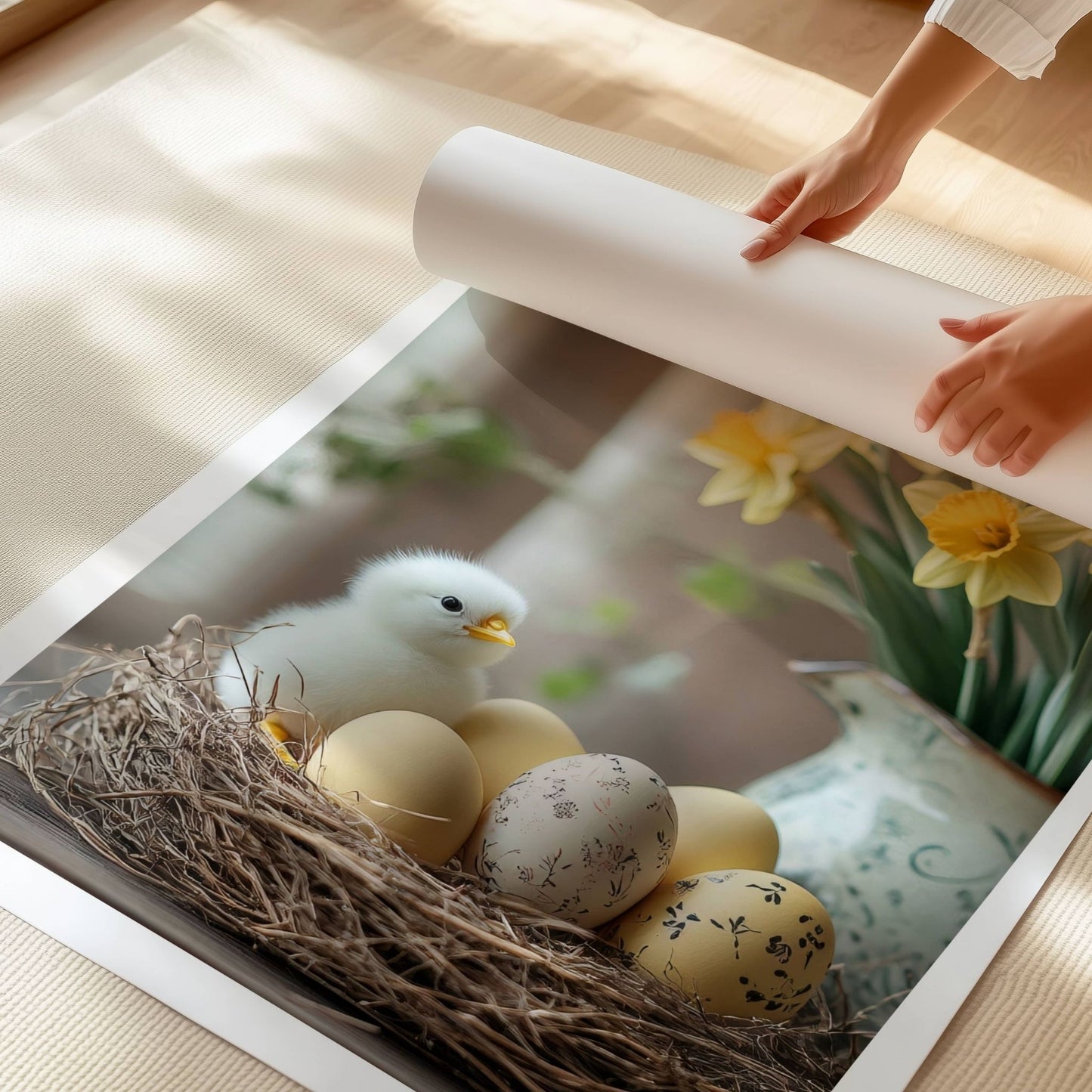 Denne vakre plakaten eller lerretet fanger essensen av påsken med myke, hvite kyllinger, dekorative egg og strålende påskeliljer i en sjarmerende, rustikk setting. Illustrasjon viser plakat med hvit kant på print.