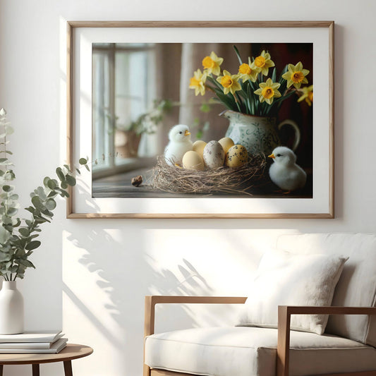 Denne vakre plakaten eller lerretet fanger essensen av påsken med myke, hvite kyllinger, dekorative egg og strålende påskeliljer i en sjarmerende, rustikk setting. Illustrasjonen viser plakat i passepartout i eik ramme.