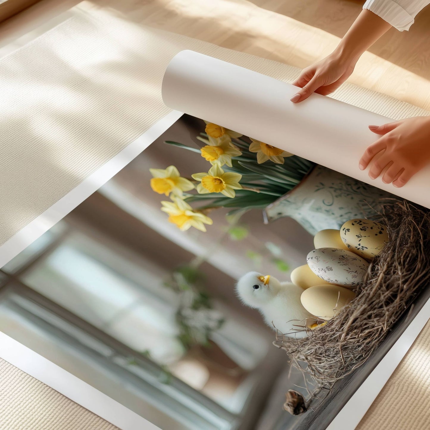 Denne vakre plakaten eller lerretet fanger essensen av påsken med myke, hvite kyllinger, dekorative egg og strålende påskeliljer i en sjarmerende, rustikk setting. Illustrasjonen viser plakat med hvit kant på print.