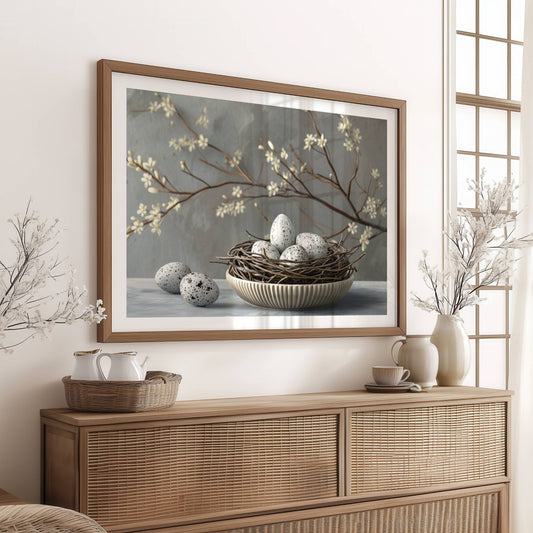 Dette vakre motivet, tilgjengelig som plakat og lerret, fanger essensen av vårens stille skjønnhet. Et delikat fuglerede med flekkete egg hviler i en keramisk bolle, omgitt av blomstrende grener i duse, harmoniske fargetoner. Illustrasjon viser motivet som plakat med hvit kant i ramme.