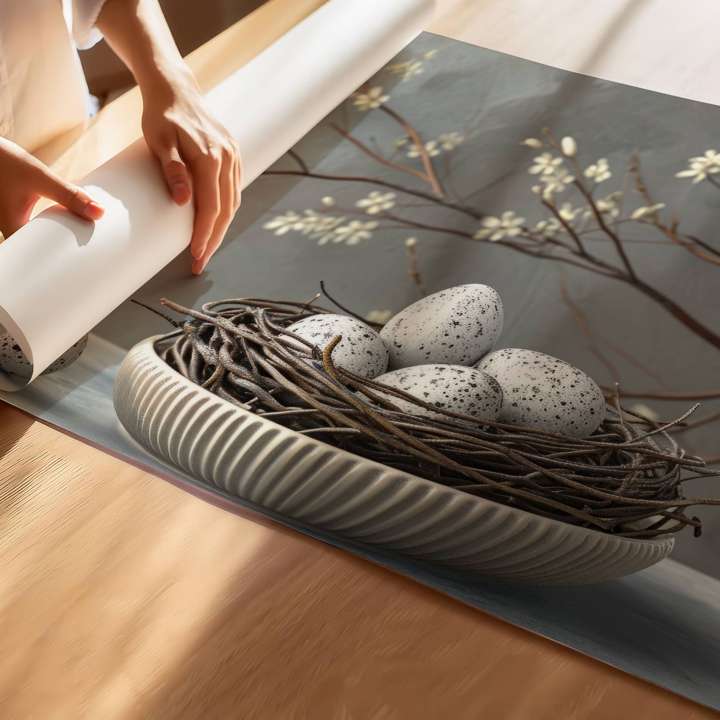 Dette vakre motivet, tilgjengelig som plakat og lerret, fanger essensen av vårens stille skjønnhet. Et delikat fuglerede med flekkete egg hviler i en keramisk bolle, omgitt av blomstrende grener i duse, harmoniske fargetoner. Illustrasjon viser motivet som plakat uten hvit kant på print.