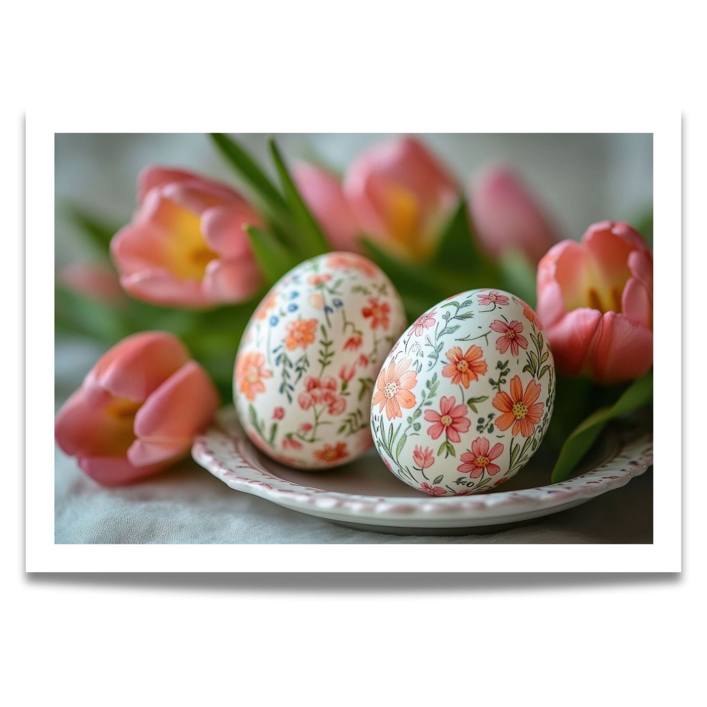 Dette delikate kunstverket viser håndmalte påskeegg med vakre blomsterdetaljer, harmonisk omkranset av myke rosa tulipaner.