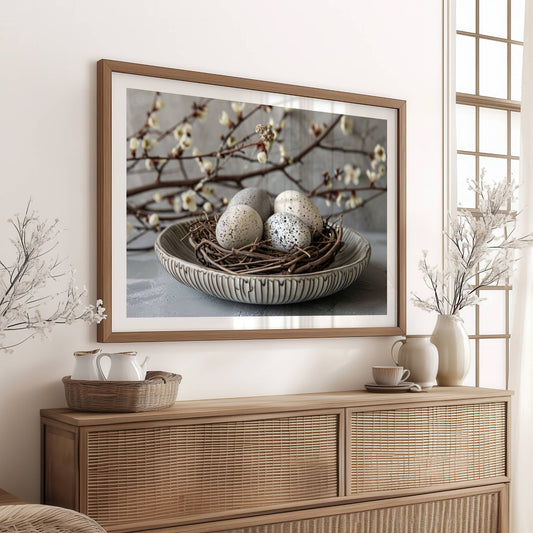 Denne vakre plakaten eller lerretet fanger en tidløs og rolig atmosfære med flekkete egg som hviler i et delikat rede, omkranset av blomstrende kvister. Illustrasjonen viser motivet som plakat med hvit kant i ramme.