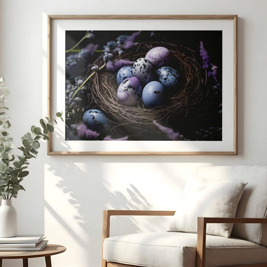 Med duse lilla og blåtoner, kombineres vakre flekkete egg i et rustikt fuglerede omgitt av delikate blomster. Perfekt for deg som ønsker en elegant og stemningsfull påskedekor! Illustrasjon viser motivet som plakat og passepartout i ramme.