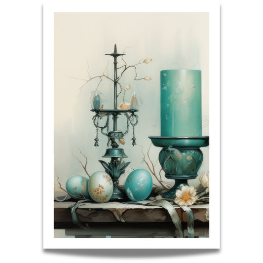 Dette elegante motivet fremhever påskens klassiske elementer – dekorerte egg, antikke lysestaker og rustikke blomster i duse blåtoner.