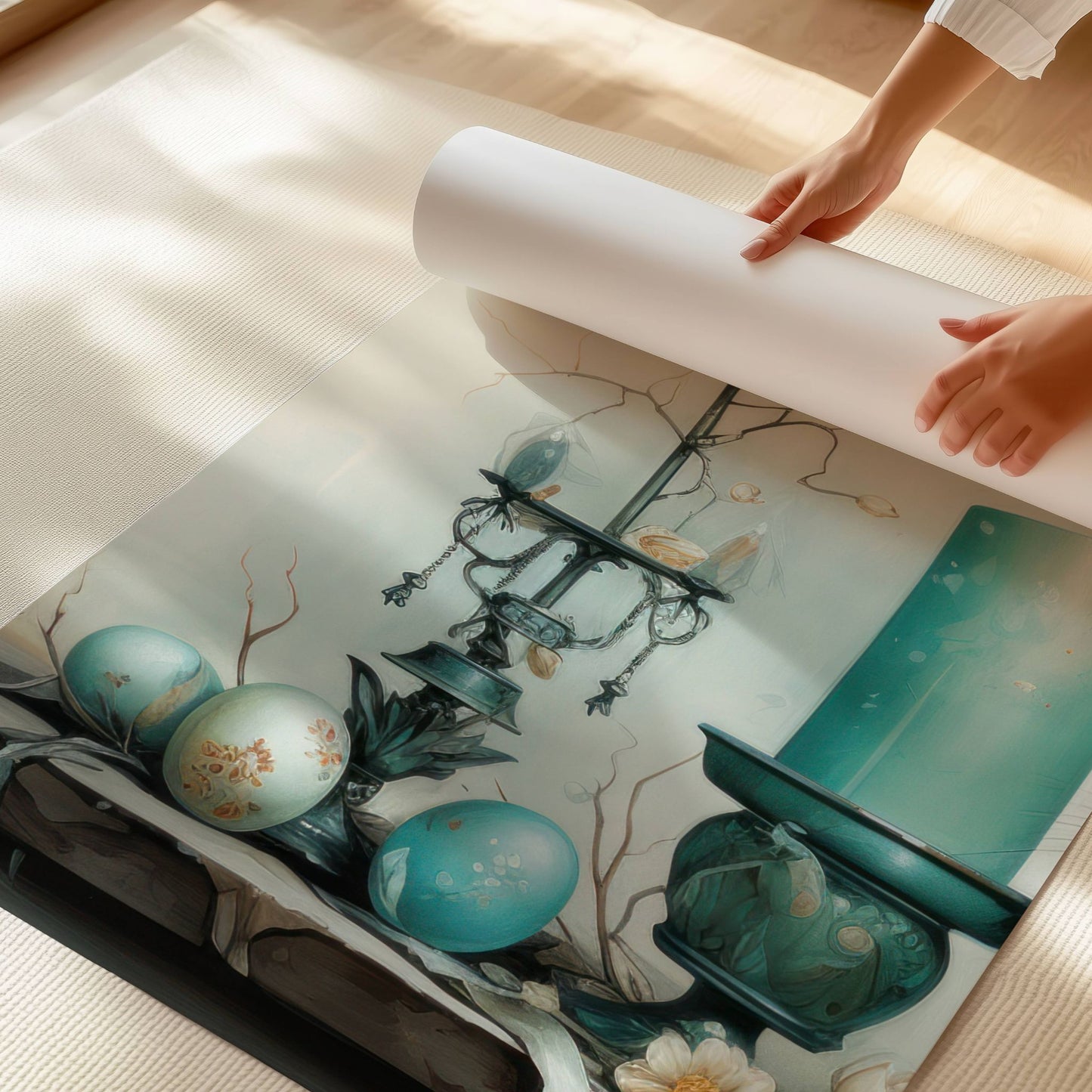 Dette elegante motivet fremhever påskens klassiske elementer – dekorerte egg, antikke lysestaker og rustikke blomster i duse blåtoner. Illustrasjon viser motivet uten hvit kant på print.