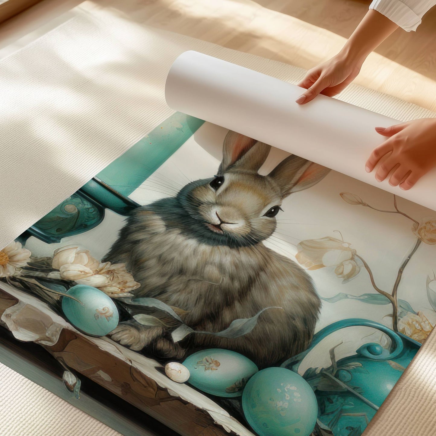 Dette eksklusive kunstverket fanger en grasiøs hare omgitt av dekorerte egg, elegante stearinlys og antikke vaser i harmoniske blåtoner. Illustreasjin viser motivet som plakat uten hvit kant på print.