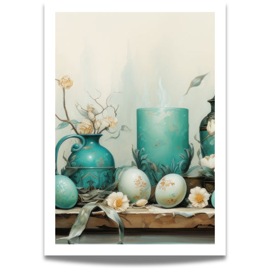 Dette eksklusive kunstverket fremhever påskens eleganse med en vakker sammensetning av dekorerte egg, en antikk blå keramikkvase, tørkede blomster og et stemningsfullt lys.