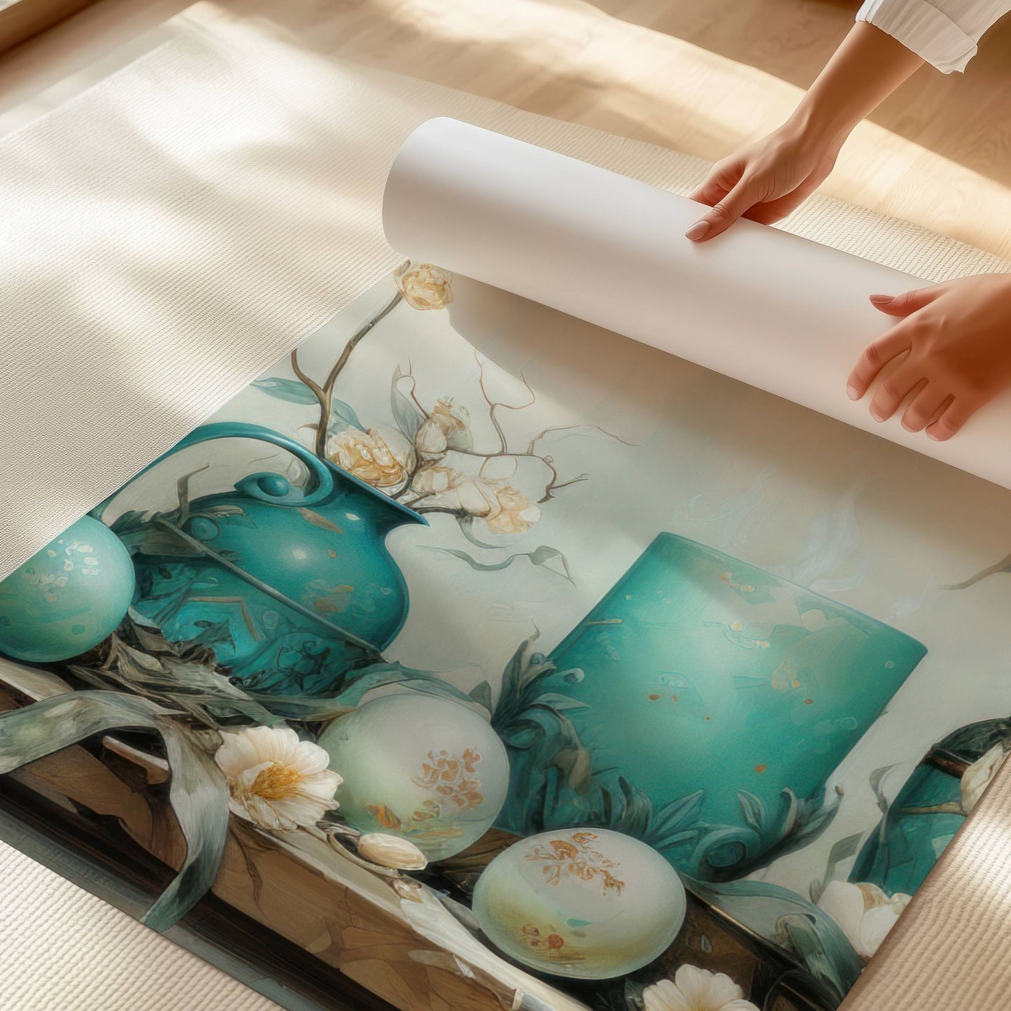 Dette eksklusive kunstverket fremhever påskens eleganse med en vakker sammensetning av dekorerte egg, en antikk blå keramikkvase, tørkede blomster og et stemningsfullt lys. Illustrasjon viser motivet som plakat uten hvit kant på print.