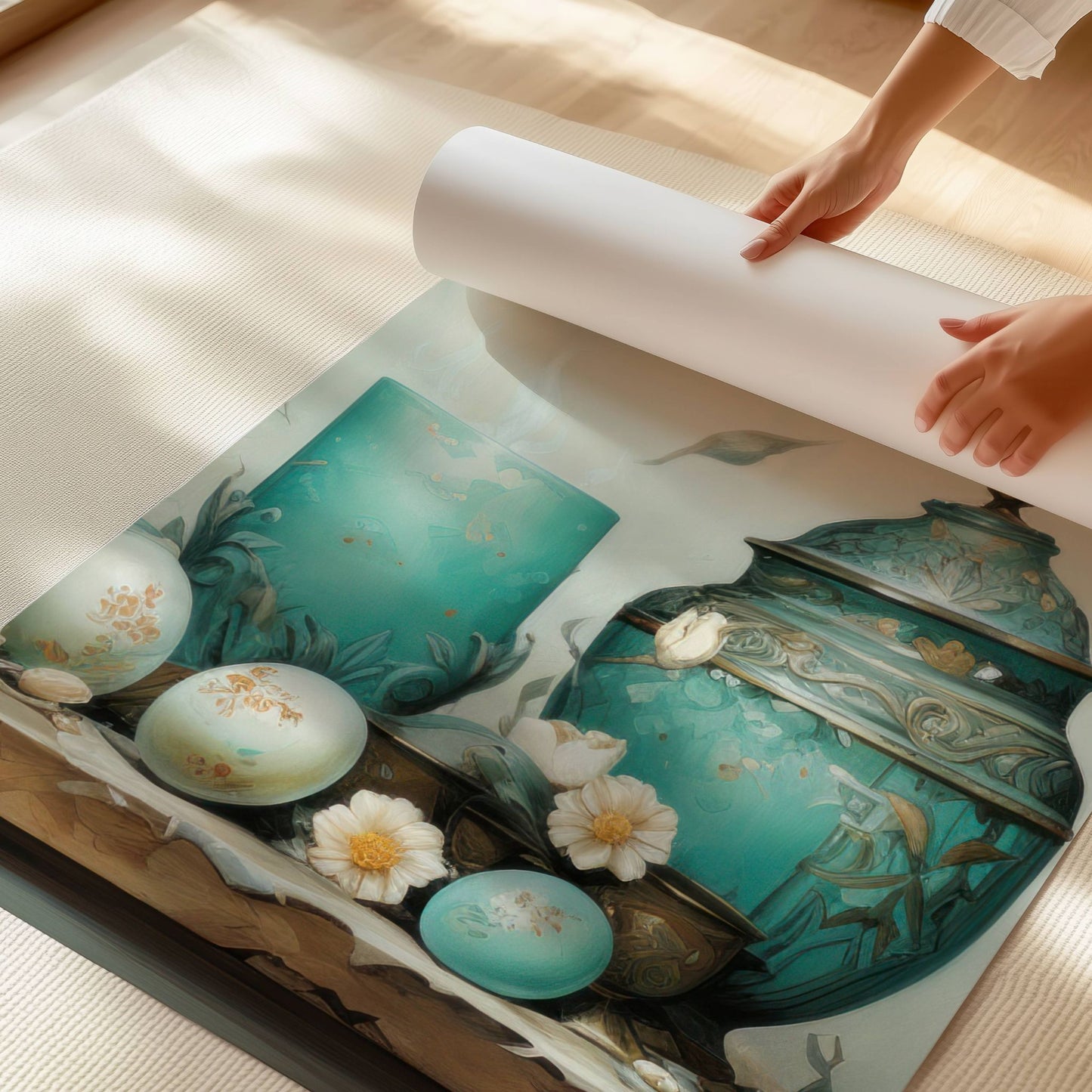 Dette kunstneriske motivet kombinerer klassiske påskeelementer med en eksklusiv, moderne estetikk. Illustrasjon viser motivet som plakat med hvit kant på print.