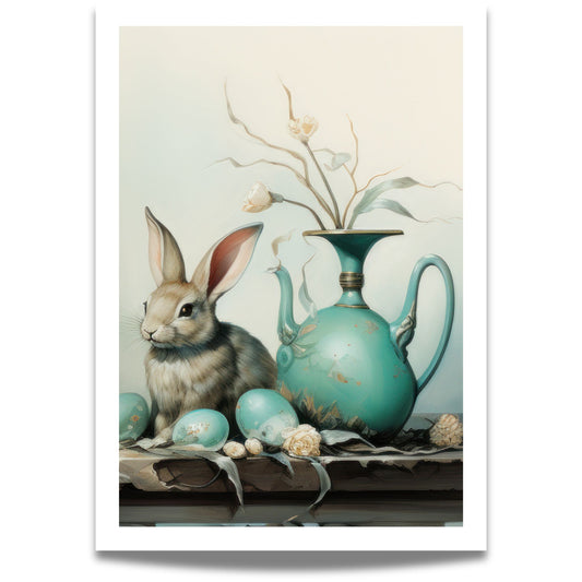 En detaljrik illustrasjon av en vakker hare ved en antikk vase, omgitt av dekorerte påskeegg og blomster.