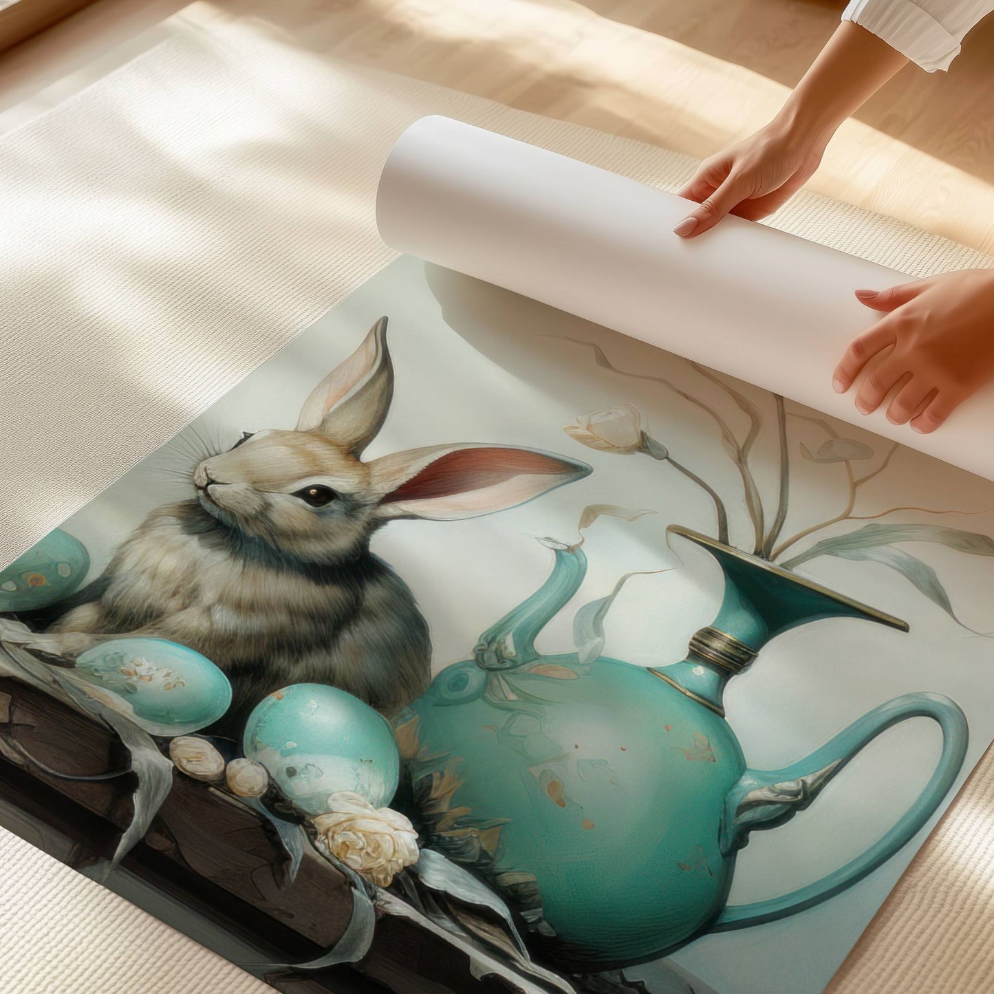 En detaljrik illustrasjon av en vakker hare ved en antikk vase, omgitt av dekorerte påskeegg og blomster. Illustrasjon viser motivet som plakat uten hvit kant på print.