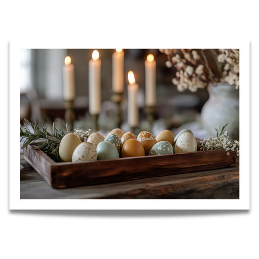 Med delikate pastellfargede egg i en rustikk trekasse, omgitt av grønne kvister og levende lys, formidler dette motivet en tidløs og elegant stemning.