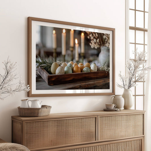 Med delikate pastellfargede egg i en rustikk trekasse, omgitt av grønne kvister og levende lys, formidler dette motivet en tidløs og elegant stemning. Illustrasjon viser motivet som plakat med hvit kant i ramme.