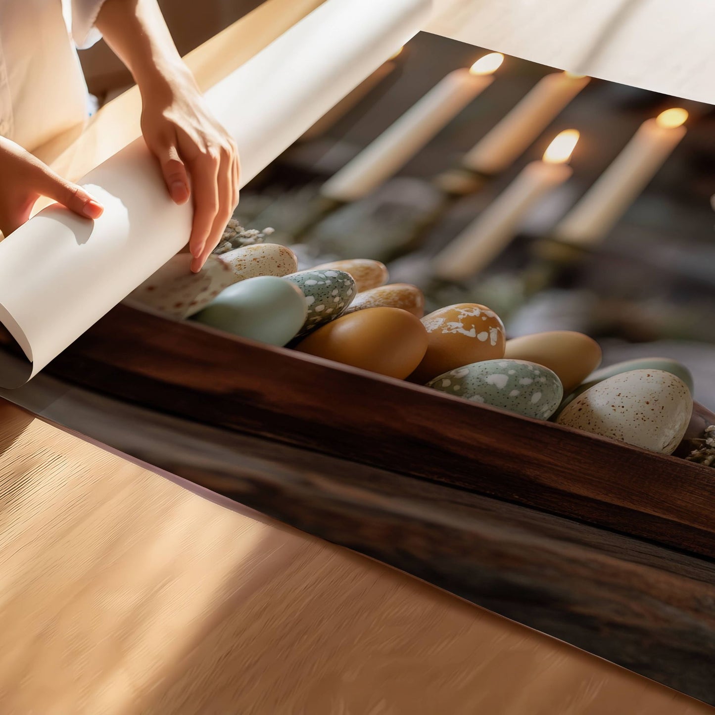 Med delikate pastellfargede egg i en rustikk trekasse, omgitt av grønne kvister og levende lys, formidler dette motivet en tidløs og elegant stemning. Illustrasjon viser motivet på print.