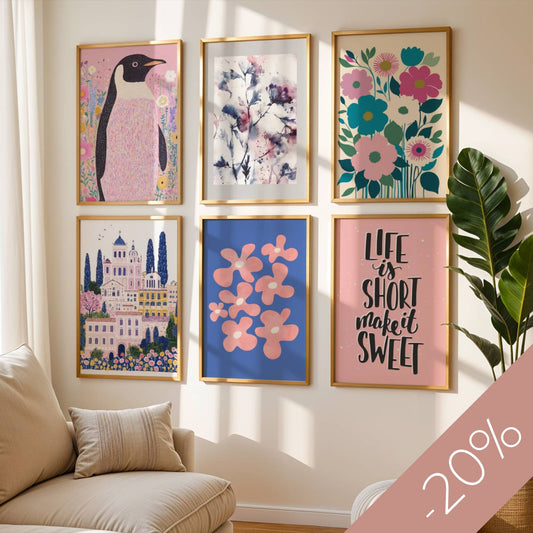 Pastellharmoni Galleri - Med seks kunstplakater i delikate farger og lekne komposisjoner, skaper dette galleriet en stemning av ro, kreativitet og glede i ethvert rom.