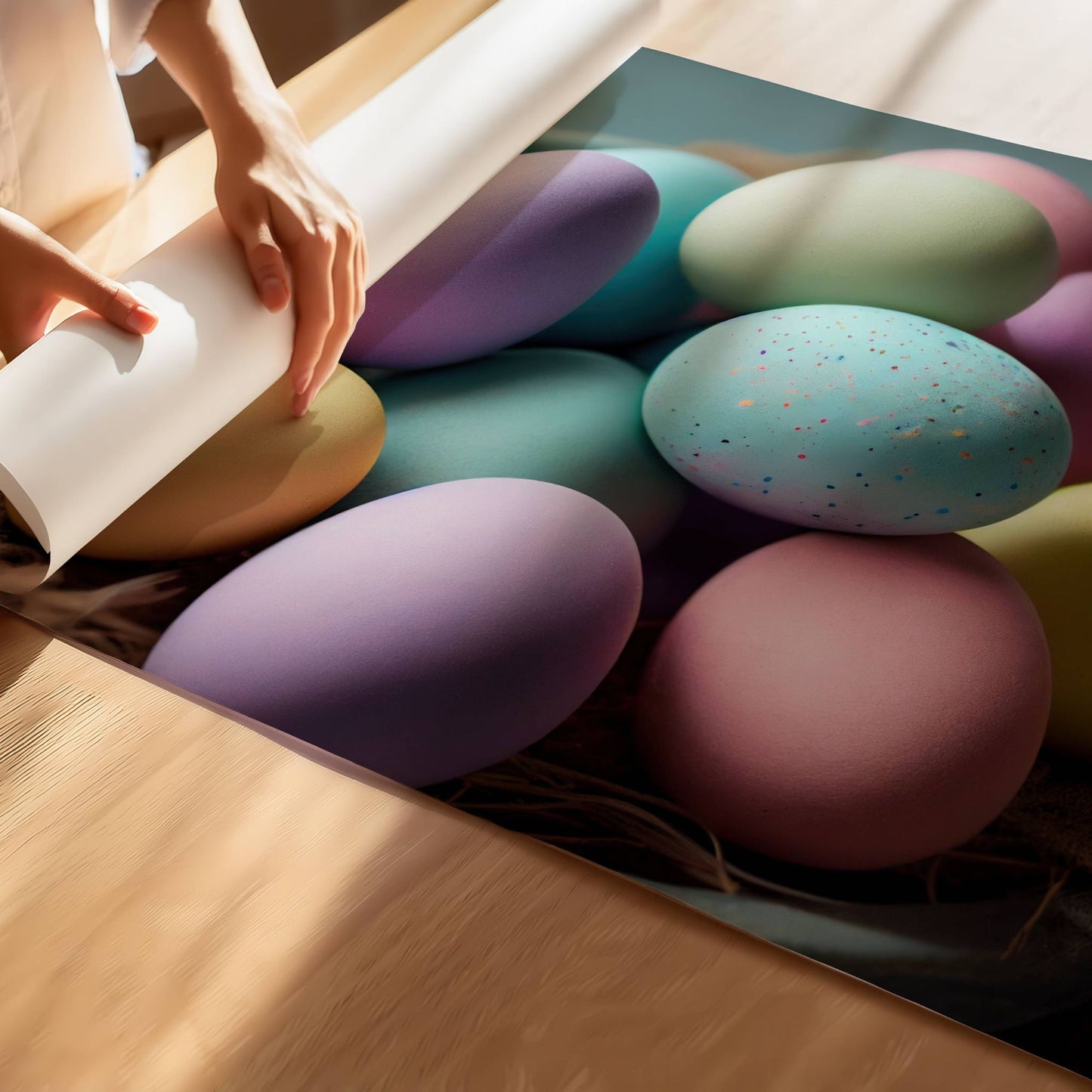 Dette vakre motivet viser en samling delikate påskeegg i myke pastelltoner, perfekt arrangert i en rustikk kurv. Illustrasjon vier plakat på print.