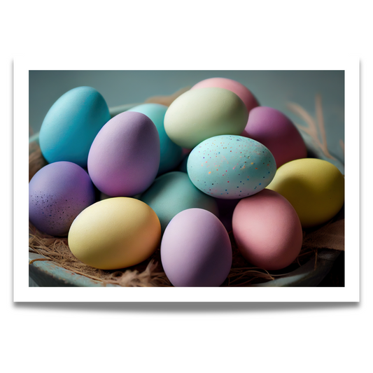Dette vakre motivet viser en samling delikate påskeegg i myke pastelltoner, perfekt arrangert i en rustikk kurv.