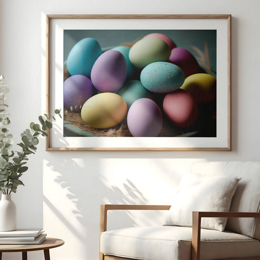 Dette vakre motivet viser en samling delikate påskeegg i myke pastelltoner, perfekt arrangert i en rustikk kurv. Illustrasjon vier plakat med passepartout i eik ramme.