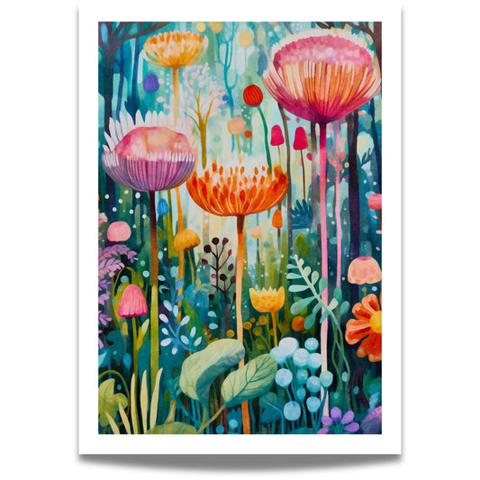 Denne mystiske plakaten kombinerer stjernehimmel, gullmåner og ville blomster i et eventyrlig nattlandskap.