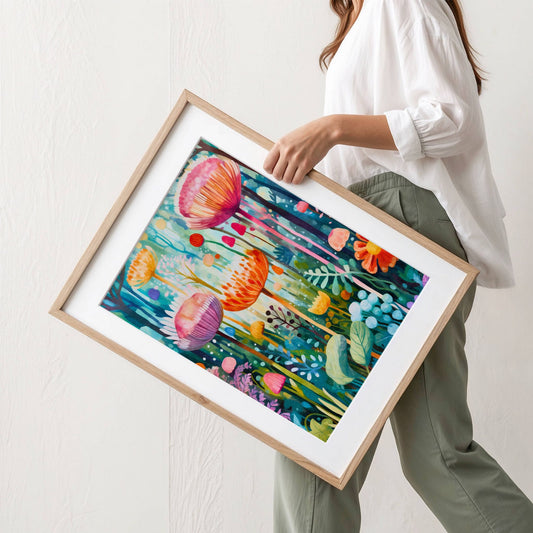 Denne mystiske plakaten kombinerer stjernehimmel, gullmåner og ville blomster i et eventyrlig nattlandskap. Illustrasjon viser plakat med passepartout i eik ramme.