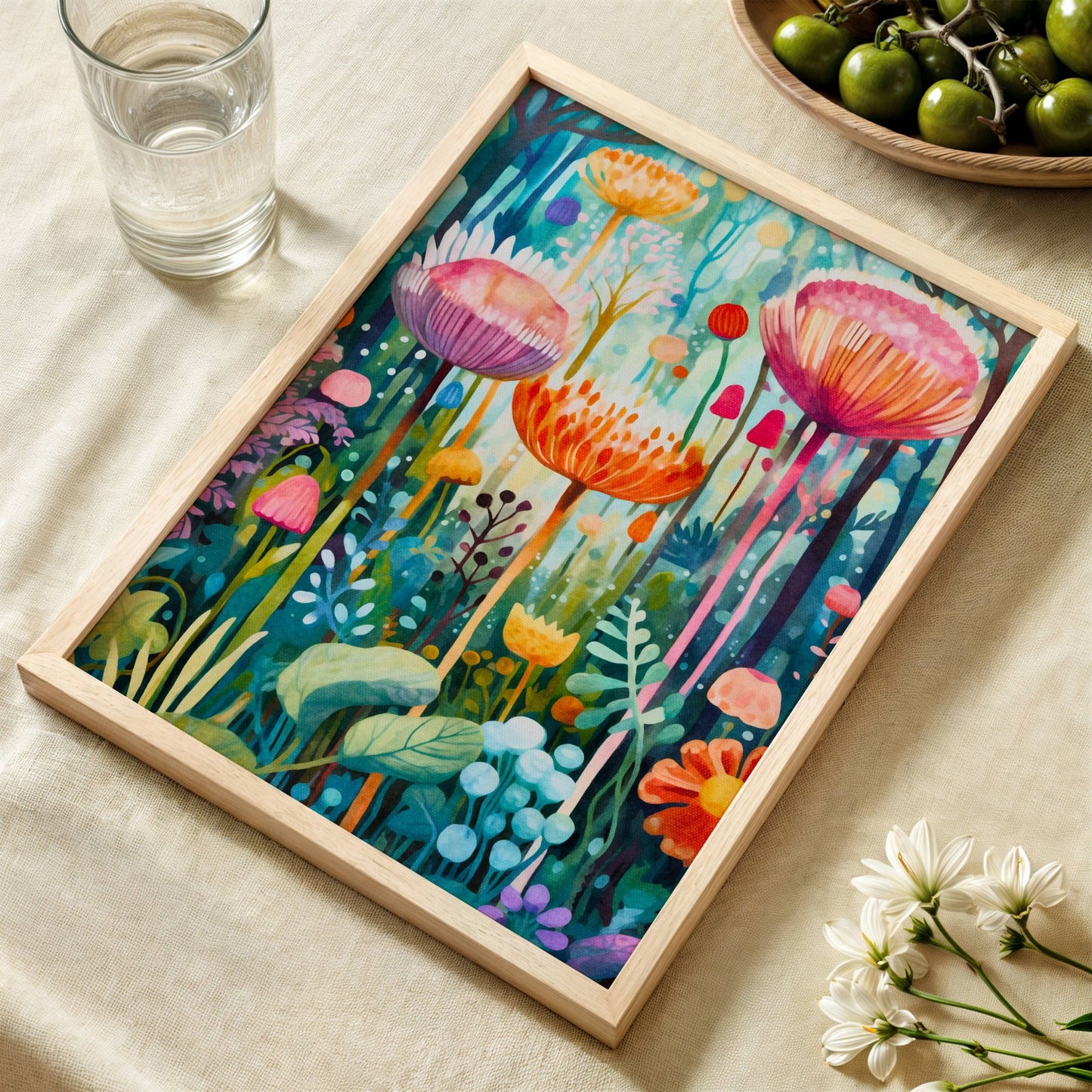 Denne mystiske plakaten kombinerer stjernehimmel, gullmåner og ville blomster i et eventyrlig nattlandskap. Illustrasjon viser plakat uten hvit kant i eik ramme.