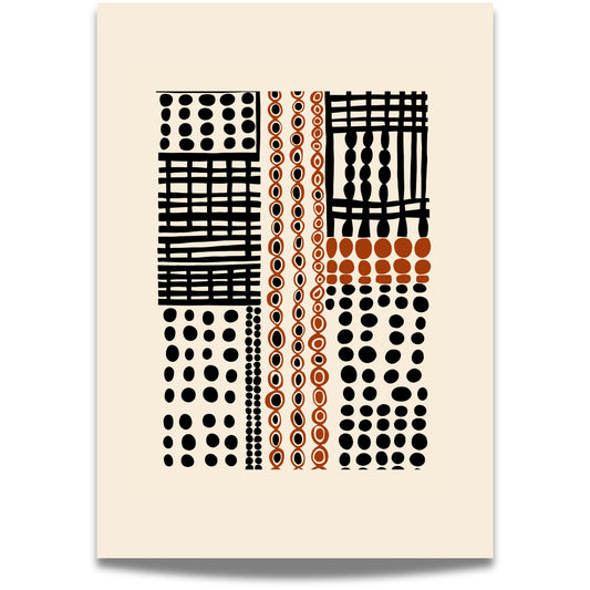 Pattern Rhythm er en strukturert og rytmisk plakat med striper, prikker og linjer i et gjennomført og moderne design. Illustrasjon viser plakat med bred kant.