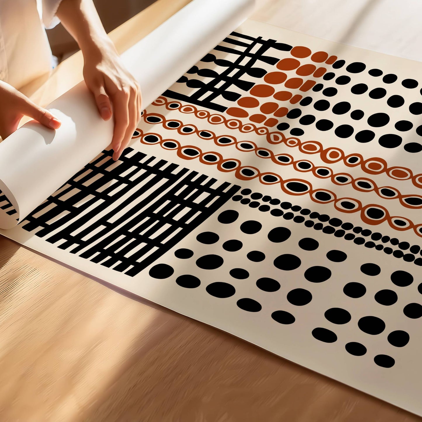Pattern Rhythm er en strukturert og rytmisk plakat med striper, prikker og linjer i et gjennomført og moderne design. Illustrasjon viser plakat på print.