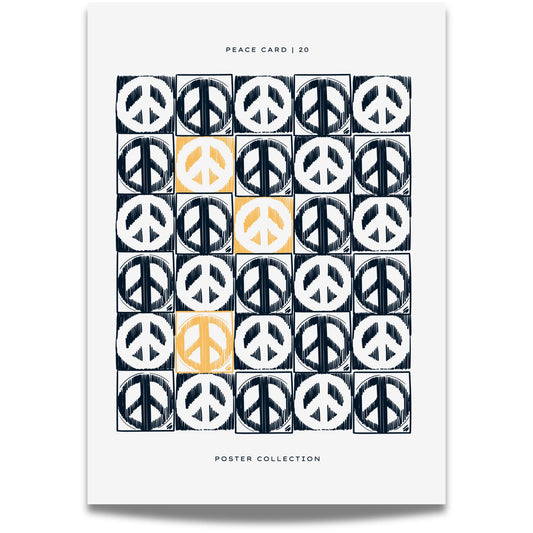 Peace Card 20 – grafisk plakat er et moderne kunsttrykk med gjentatte peace-symboler i et stramt, kubistisk mønster.