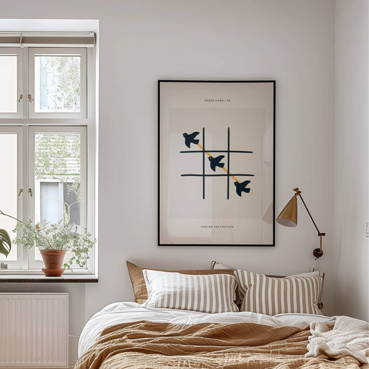 Peace Card 46 – grafisk plakat kombinerer lek og symbolikk i et unikt motiv. Illustrasjon viser plakat i sort ramme.