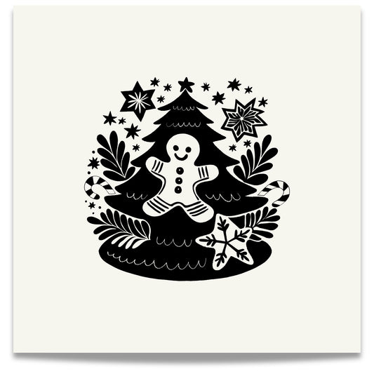 Denne plakaten kombinerer nostalgien av pepperkakebaking og julepynt med et elegant nordisk design.