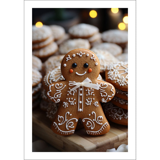 Plakat med førjulsmotiv av en pepperkakemann med dekorativt melisglasur.