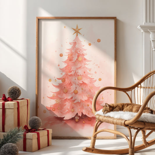 En myk og romantisk tolkning av juletreet i rosatoner og gyldne kuler – et delikat motiv som gir varm stemning til vintermørket. Illustrasjon viser plakat uten hvit kantlinje i ramme.