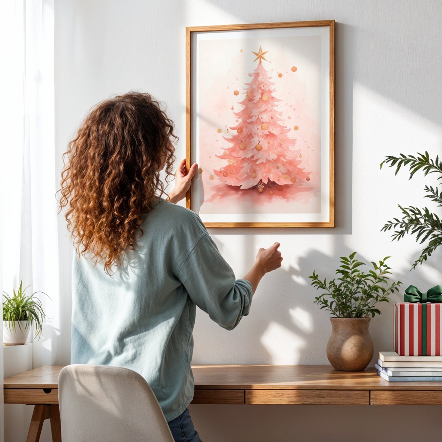 En myk og romantisk tolkning av juletreet i rosatoner og gyldne kuler – et delikat motiv som gir varm stemning til vintermørket. Illustrasjon viser plakat med hvit kantlinje i ramme.