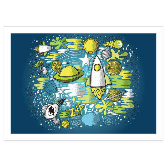 Dekorativ grafisk plakat fra verdensrommet for de minste. Fås som plakat og på lerret.