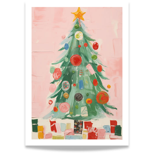 Et moderne, malerisk juletre i spreke farger – lekent, livlig og fullt av juleglede.