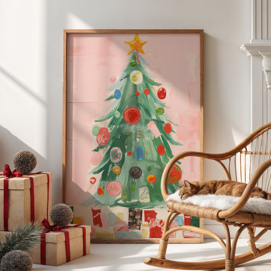 Et moderne, malerisk juletre i spreke farger – lekent, livlig og fullt av juleglede. Illustrasjon viser plakat uten hvit kantlinje i ramme.