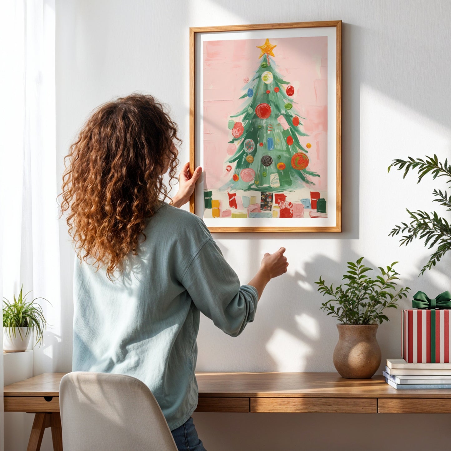 Et moderne, malerisk juletre i spreke farger – lekent, livlig og fullt av juleglede. Illustrasjon viser plakat med hvit kantlinje i ramme.