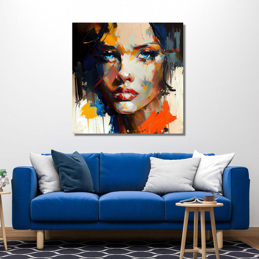 Grafisk trykk av et oljemaleri av en brunette med blå øyne og mørkt hår. Bildet er abstrakt og er påført farger i oransje, blått, gult og rødt. Bildet henger som lerret over en blå sofa med hvite og blå puter. På gulvet ligger et teppe med 6-kantet mønster i mørk bunn med hvite kontraster. Et lite sidebord med et krus og en bok står plassert ved siden av sofaen. Bildet er kvadratisk.