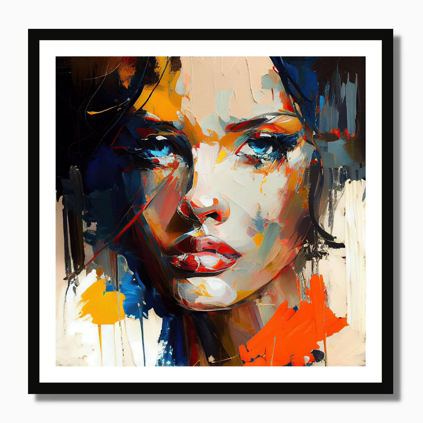 Grafisk trykk av et oljemaleri av en brunette med blå øyne og mørkt hår. Bildet er abstrakt og er påført farger i oransje, blått, gult og rødt. Det er en hvit kant rundt bildet. Bildet henger opp i sort ramme. Bildet er kvadratisk.