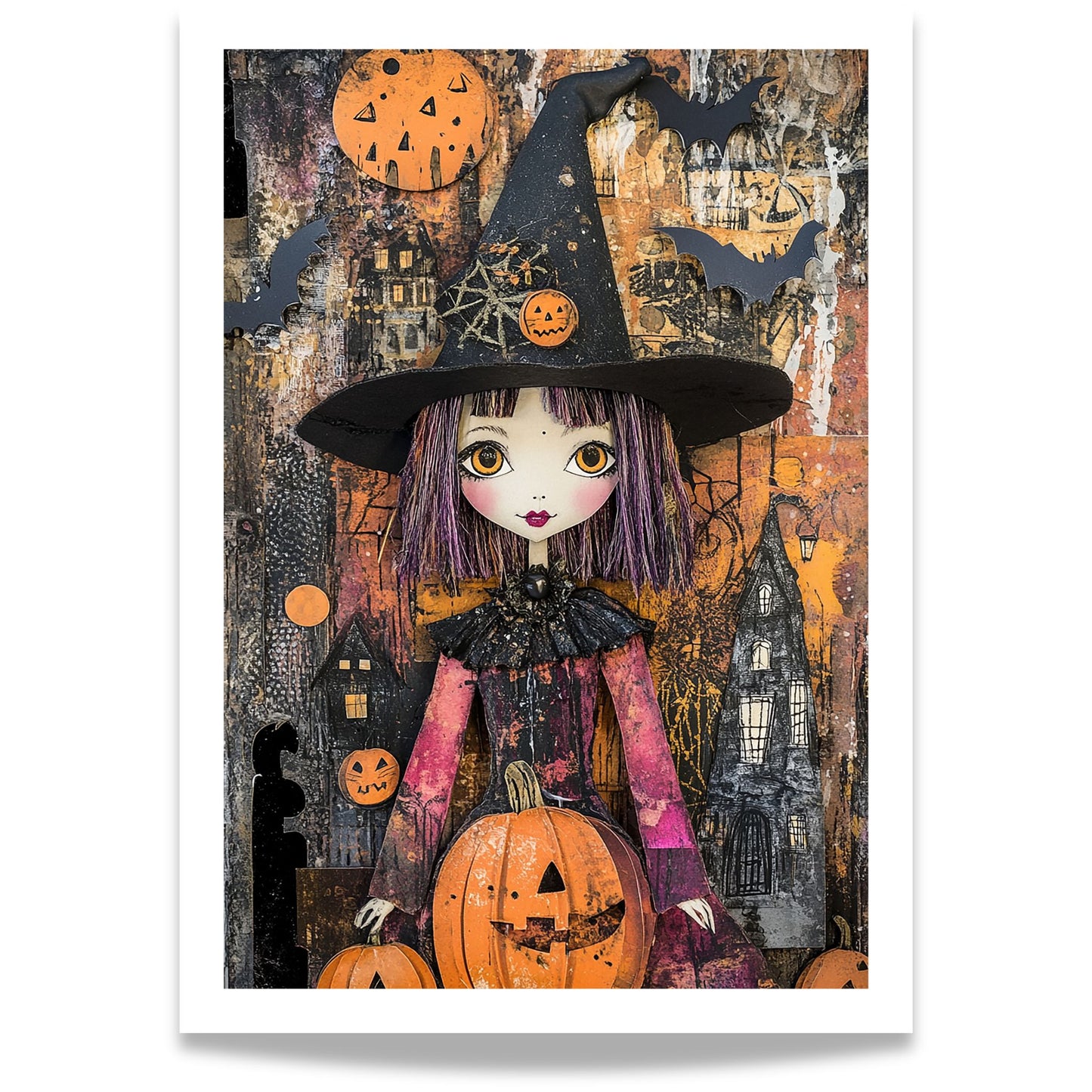 En stilig heks med lilla hår, gresskar og flaggermus – et uttrykksfullt motiv som kombinerer vintage-stemning og moderne illustrasjon. Tilgjengelig både som plakat og lerret.