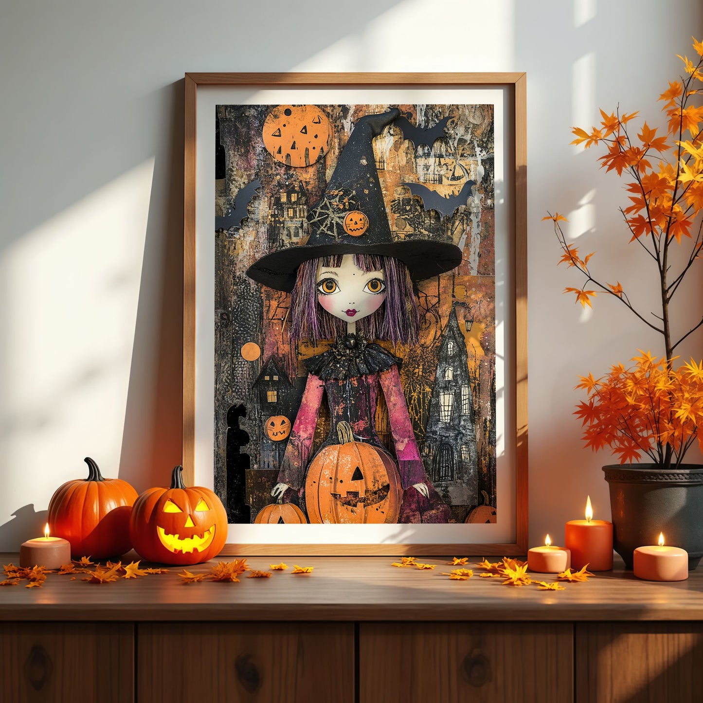 En stilig heks med lilla hår, gresskar og flaggermus – et uttrykksfullt motiv som kombinerer vintage-stemning og moderne illustrasjon. Illustrasjonen viser plakat med hvit kantlinje i eik ramme.