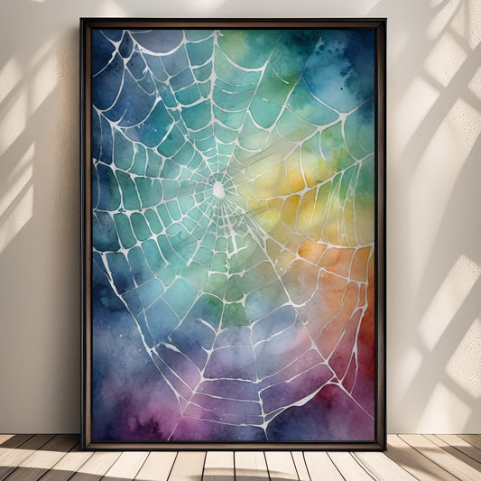 “Rainbow Web” bringer liv og lys til Halloween-serien med et edderkoppnett som glitrer mot en regnbue av blått, grønt, gult og lilla. llustrasjon viser plakat uten hvit kant i sort ramme.